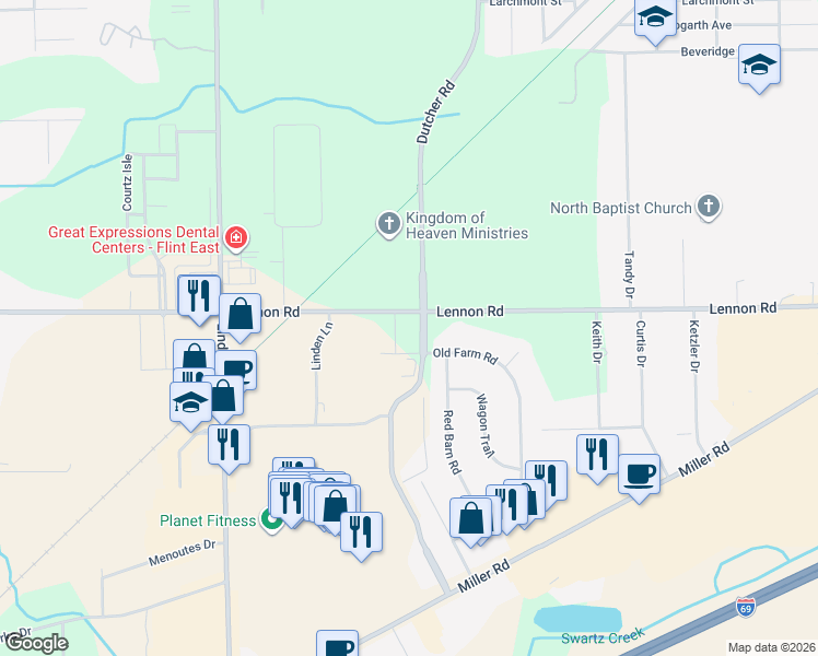 map of restaurants, bars, coffee shops, grocery stores, and more near 3025 Old Farm Road in Flint