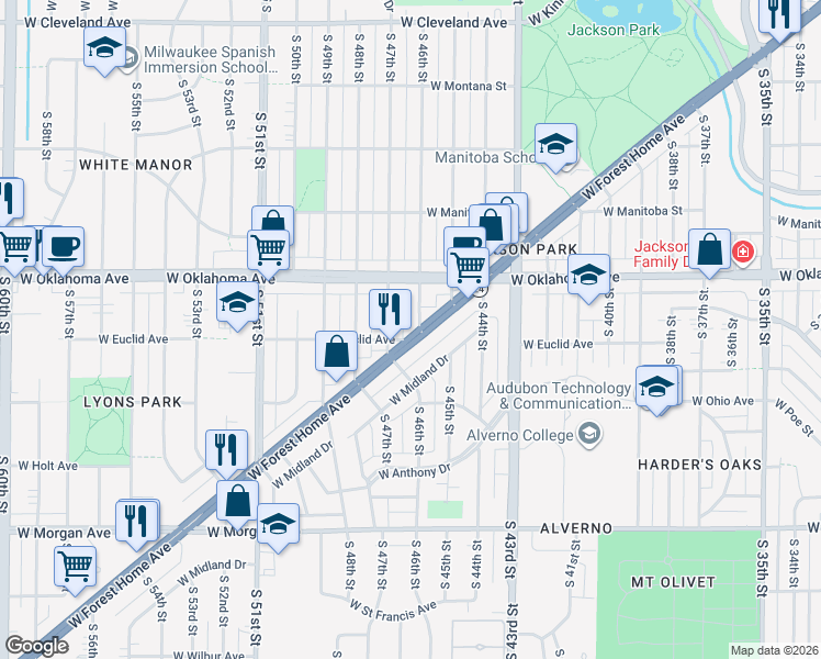 map of restaurants, bars, coffee shops, grocery stores, and more near 4600 W Forest Home Ave in Milwaukee