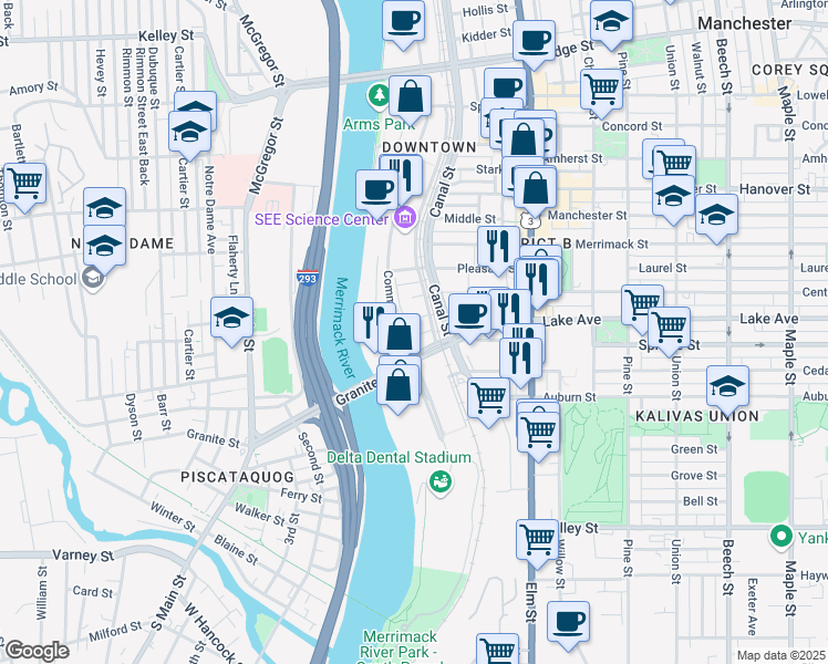 map of restaurants, bars, coffee shops, grocery stores, and more near 25 Newell Street in Manchester