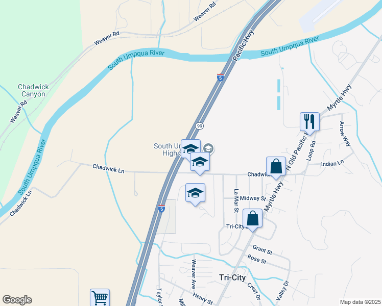map of restaurants, bars, coffee shops, grocery stores, and more near 501 Chadwick Lane in Myrtle Creek