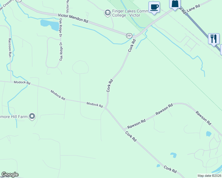 map of restaurants, bars, coffee shops, grocery stores, and more near 1043 Cork Road in Victor