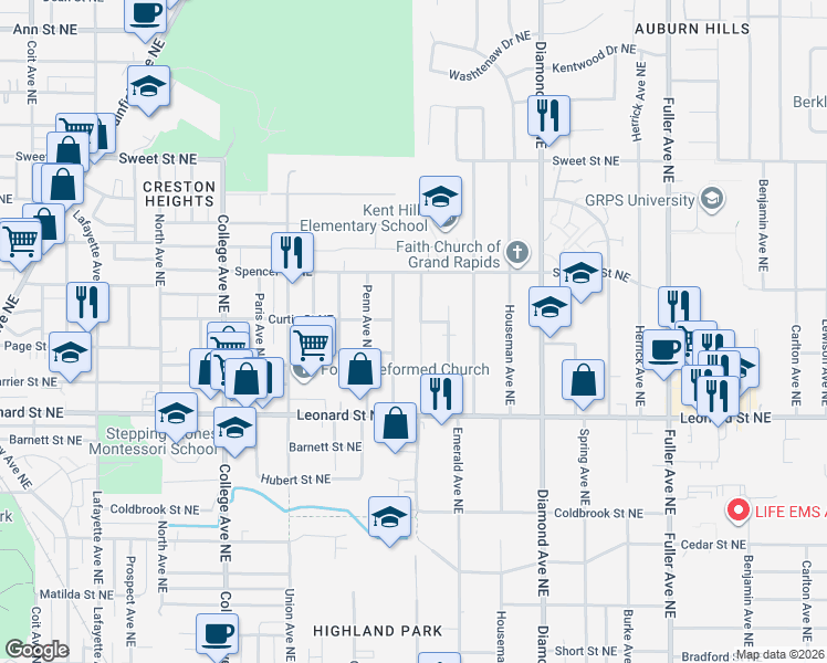 map of restaurants, bars, coffee shops, grocery stores, and more near 1322 Portland Avenue Northeast in Grand Rapids