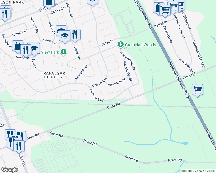 map of restaurants, bars, coffee shops, grocery stores, and more near 23 Weymouth Drive in London