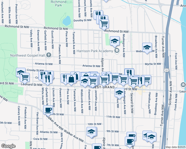 map of restaurants, bars, coffee shops, grocery stores, and more near 840 Crosby Street Northwest in Grand Rapids