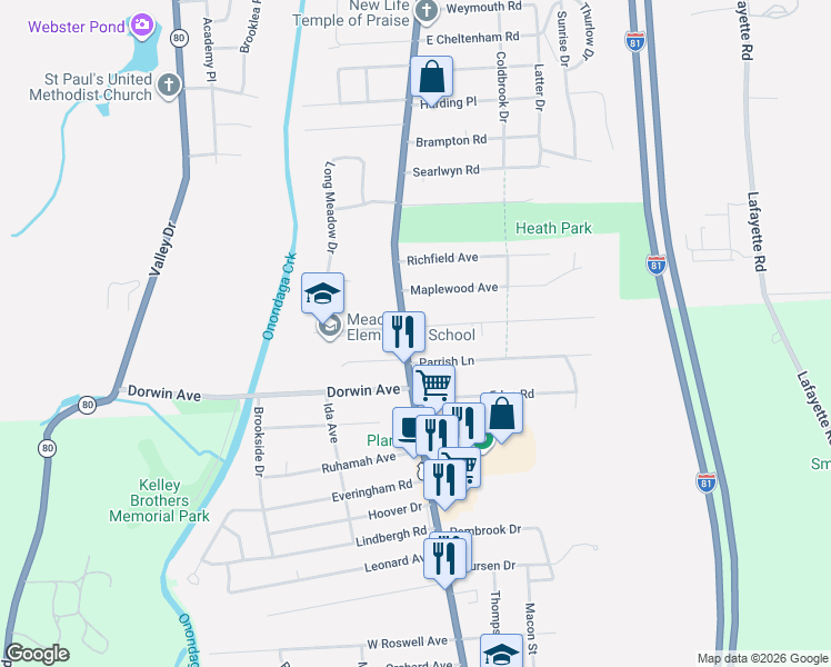 map of restaurants, bars, coffee shops, grocery stores, and more near 124 East Oakley Drive in Syracuse