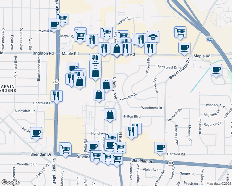 map of restaurants, bars, coffee shops, grocery stores, and more near 4843 North Bailey Avenue in Buffalo