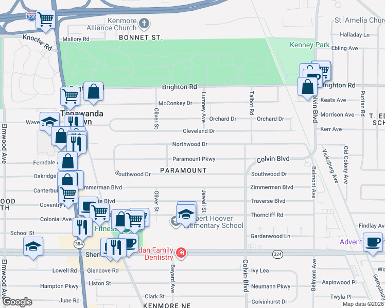 map of restaurants, bars, coffee shops, grocery stores, and more near 238 Paramount Parkway in Buffalo