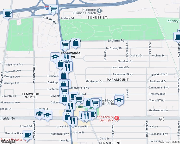 map of restaurants, bars, coffee shops, grocery stores, and more near 78 Paramount Parkway in Buffalo