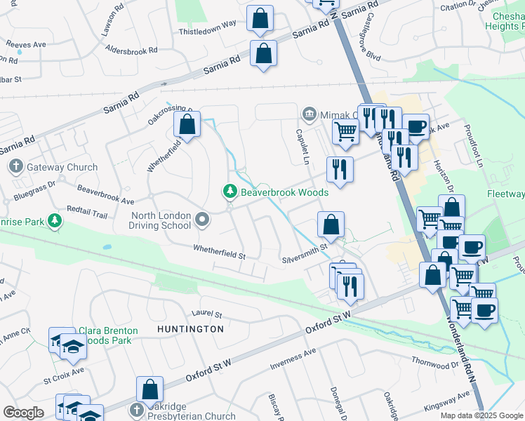 map of restaurants, bars, coffee shops, grocery stores, and more near 954 Silversmith Street in London