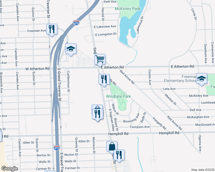 map of restaurants, bars, coffee shops, grocery stores, and more near 4010 Milton Drive in Flint