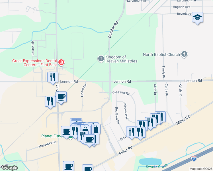 map of restaurants, bars, coffee shops, grocery stores, and more near 3025 Old Farm Road in Flint