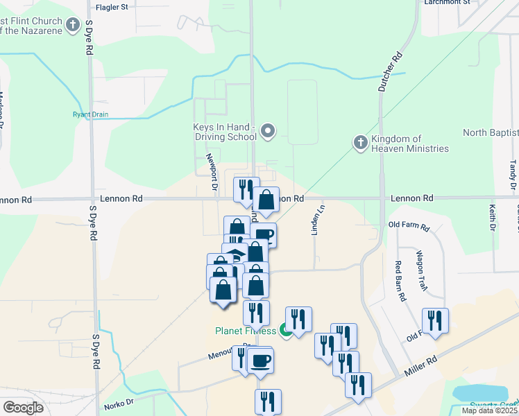 map of restaurants, bars, coffee shops, grocery stores, and more near in Flint Township