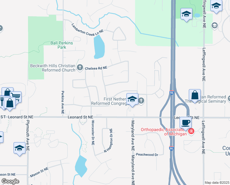 map of restaurants, bars, coffee shops, grocery stores, and more near 2309 Midvale Street Northeast in Grand Rapids