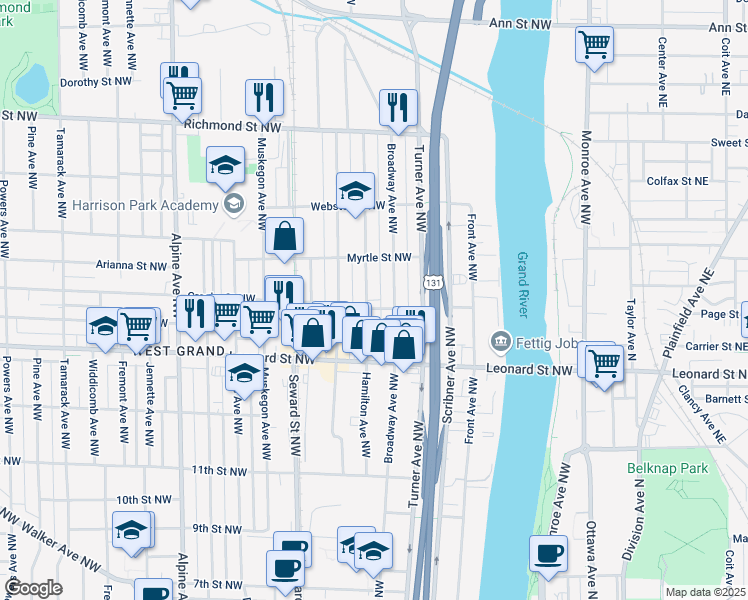 map of restaurants, bars, coffee shops, grocery stores, and more near 1312 Hamilton Avenue Northwest in Grand Rapids