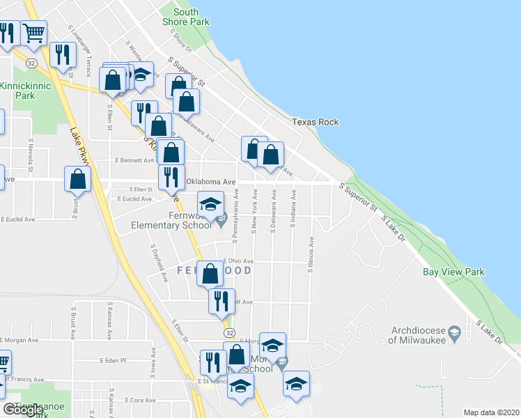map of restaurants, bars, coffee shops, grocery stores, and more near 3145 South Delaware Avenue in Milwaukee