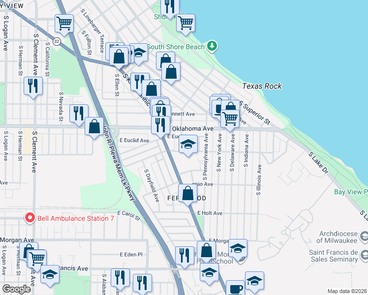 map of restaurants, bars, coffee shops, grocery stores, and more near 3151 South Mabbett Avenue in Milwaukee