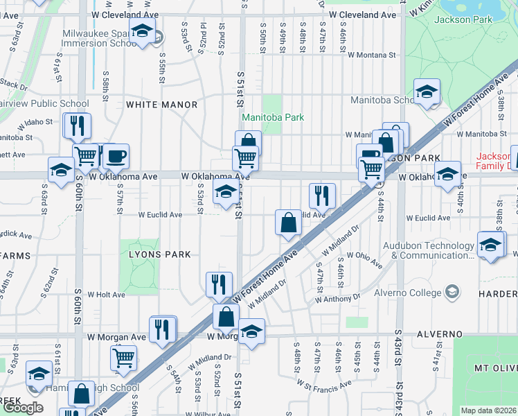 map of restaurants, bars, coffee shops, grocery stores, and more near 3159 South 50th Street in Milwaukee