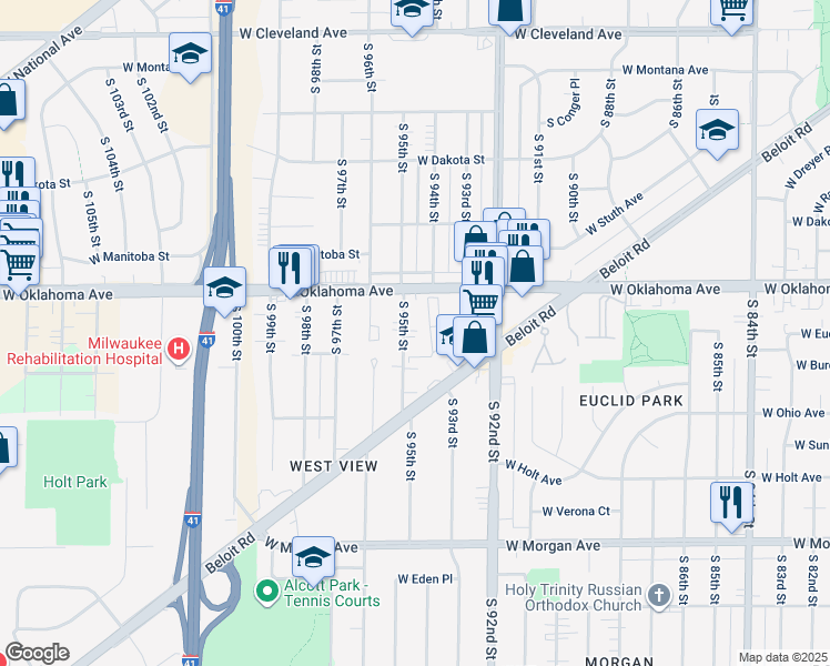 map of restaurants, bars, coffee shops, grocery stores, and more near 3146 South 95th Street in Milwaukee