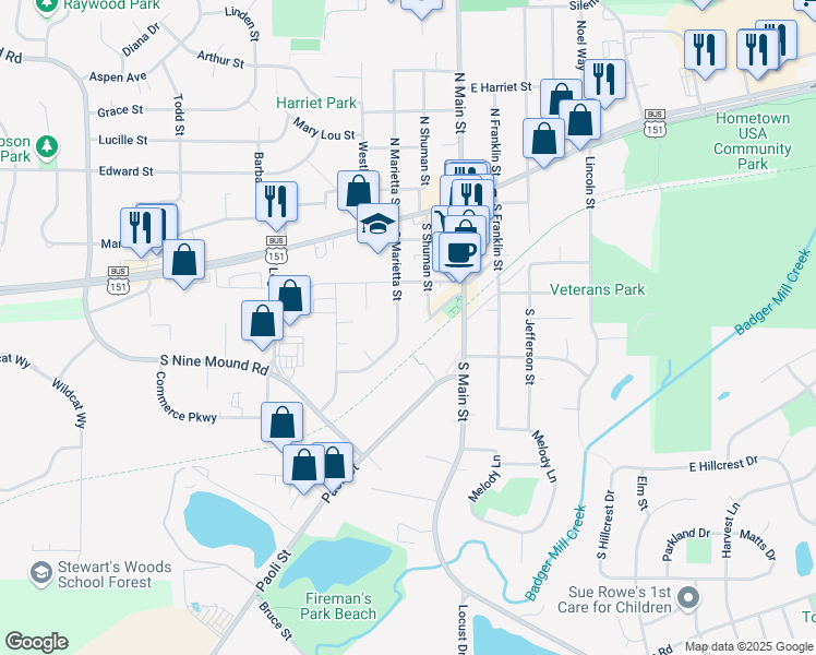 map of restaurants, bars, coffee shops, grocery stores, and more near 103 West Railroad Street in Verona