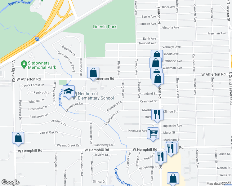 map of restaurants, bars, coffee shops, grocery stores, and more near 1418 Mulberry Lane in Flint