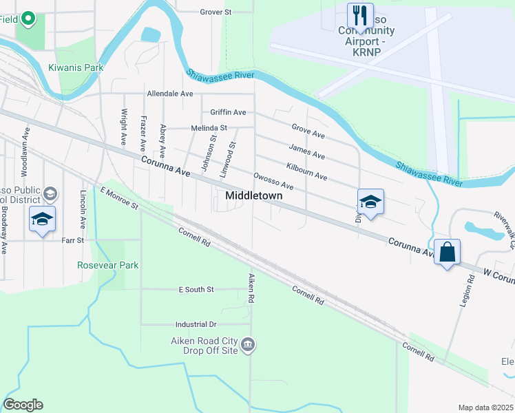 map of restaurants, bars, coffee shops, grocery stores, and more near 1800 Corunna Avenue in Owosso
