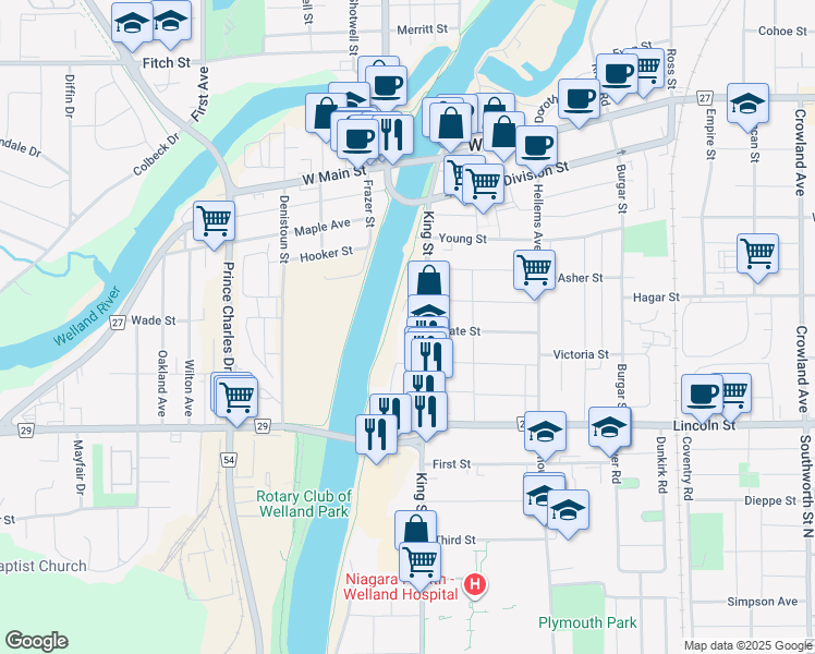 map of restaurants, bars, coffee shops, grocery stores, and more near 28 State Street in Welland
