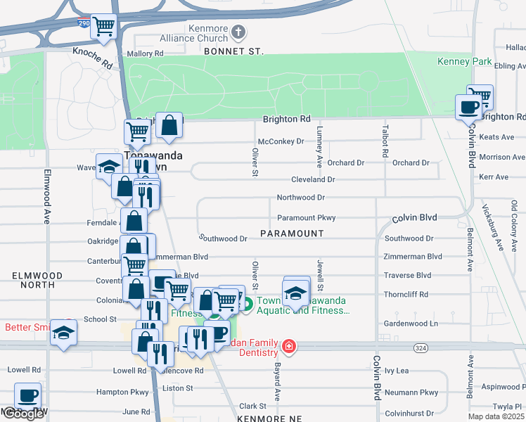 map of restaurants, bars, coffee shops, grocery stores, and more near 158 Paramount Pkwy in Buffalo
