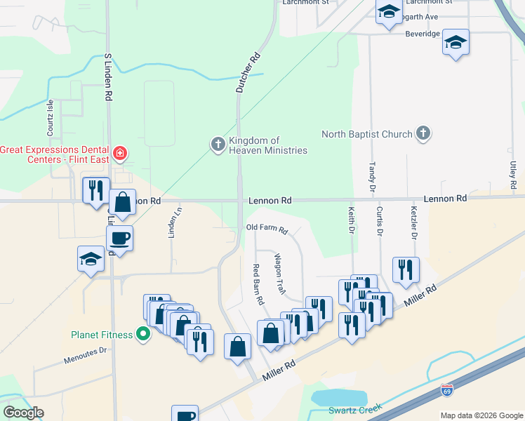 map of restaurants, bars, coffee shops, grocery stores, and more near 4281 Lennon Road in Flint