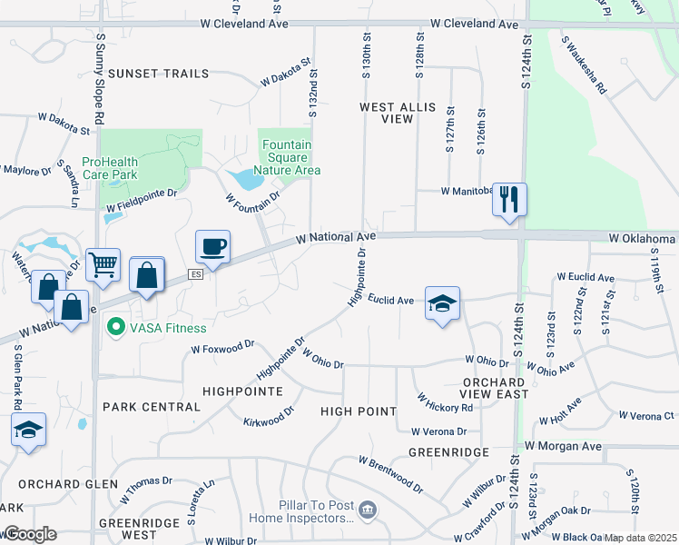 map of restaurants, bars, coffee shops, grocery stores, and more near 3205 South Ridge Crest Court in New Berlin