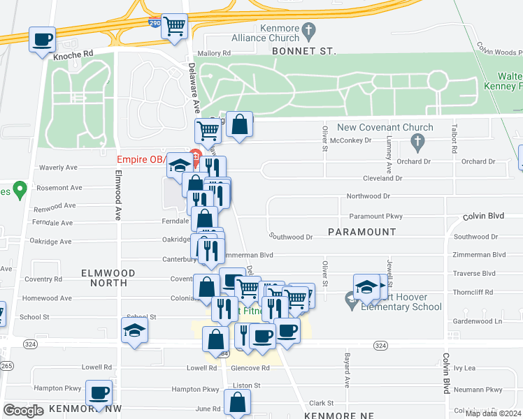 map of restaurants, bars, coffee shops, grocery stores, and more near 6 Northwood Drive in Buffalo