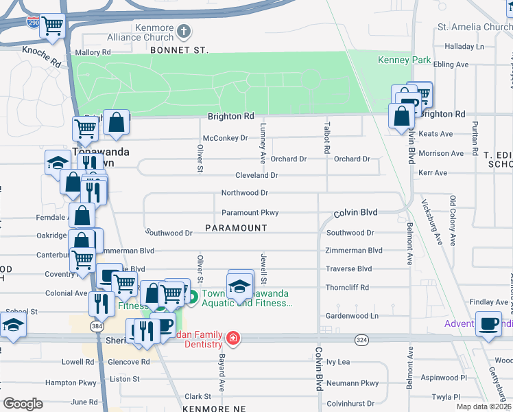 map of restaurants, bars, coffee shops, grocery stores, and more near 238 Paramount Pkwy in Buffalo
