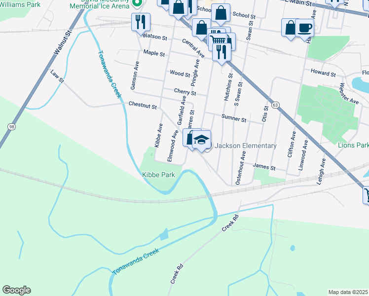 map of restaurants, bars, coffee shops, grocery stores, and more near 4 Jackson Avenue in Batavia