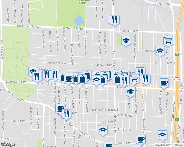 map of restaurants, bars, coffee shops, grocery stores, and more near 910 Crosby Street Northwest in Grand Rapids