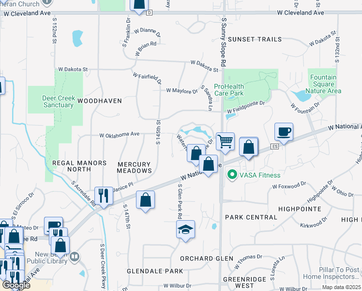 map of restaurants, bars, coffee shops, grocery stores, and more near 14285 Waterford Square Drive in New Berlin