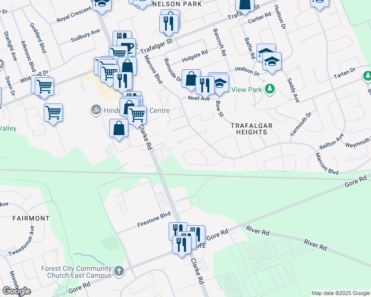 map of restaurants, bars, coffee shops, grocery stores, and more near 675 Fieldgate Circle in London