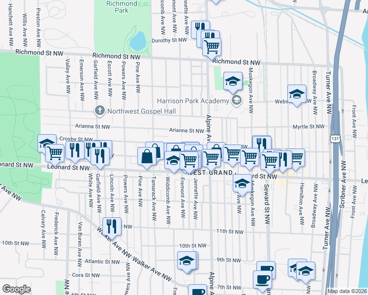 map of restaurants, bars, coffee shops, grocery stores, and more near 858 Crosby Street Northwest in Grand Rapids