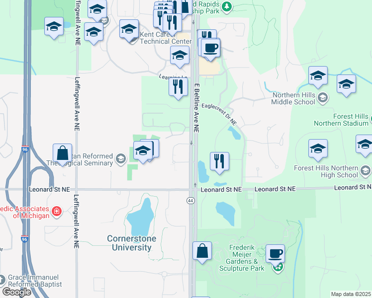 map of restaurants, bars, coffee shops, grocery stores, and more near 1251 East Beltline Avenue Northeast in Grand Rapids