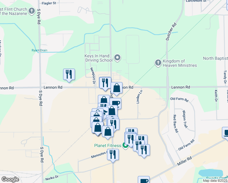 map of restaurants, bars, coffee shops, grocery stores, and more near in Flint Township