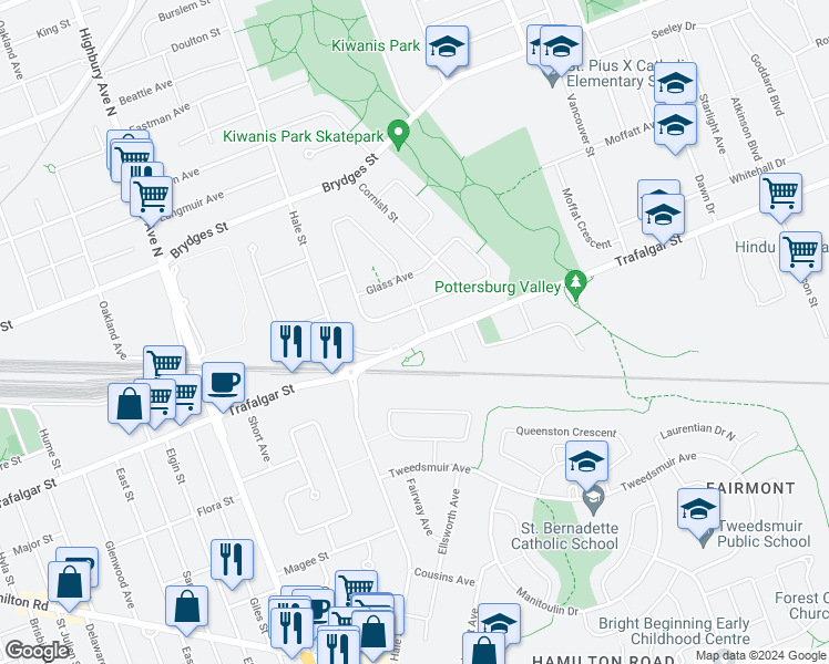 map of restaurants, bars, coffee shops, grocery stores, and more near 1428 Trafalgar Street in London