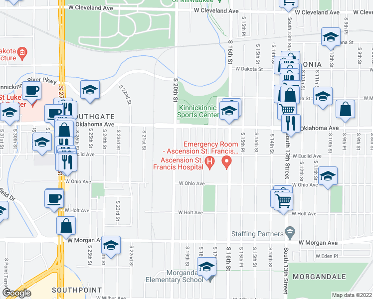 map of restaurants, bars, coffee shops, grocery stores, and more near 3163 South 19th Street in Milwaukee