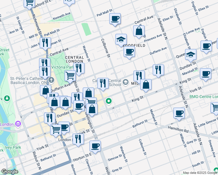 map of restaurants, bars, coffee shops, grocery stores, and more near 365 Queens Avenue in London