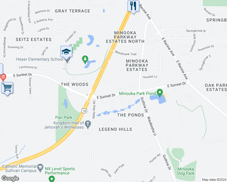 map of restaurants, bars, coffee shops, grocery stores, and more near 1312 Navajo Lane in Waukesha