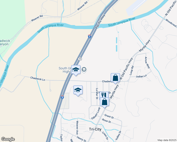 map of restaurants, bars, coffee shops, grocery stores, and more near 501 Chadwick Lane in Myrtle Creek