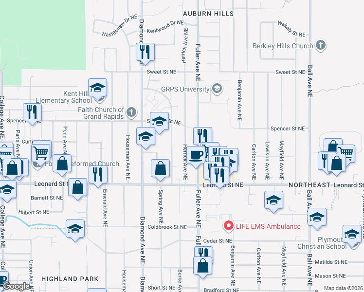 map of restaurants, bars, coffee shops, grocery stores, and more near 1323 Herrick Avenue Northeast in Grand Rapids