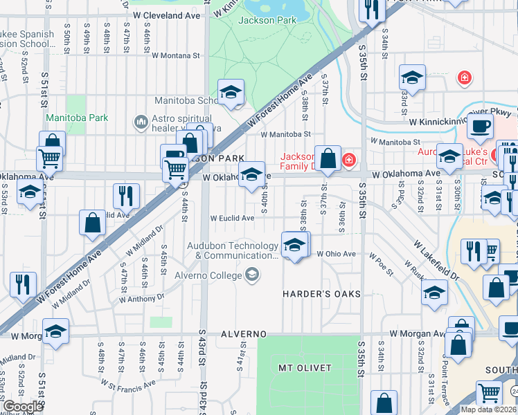map of restaurants, bars, coffee shops, grocery stores, and more near 3162 South 41st Street in Milwaukee