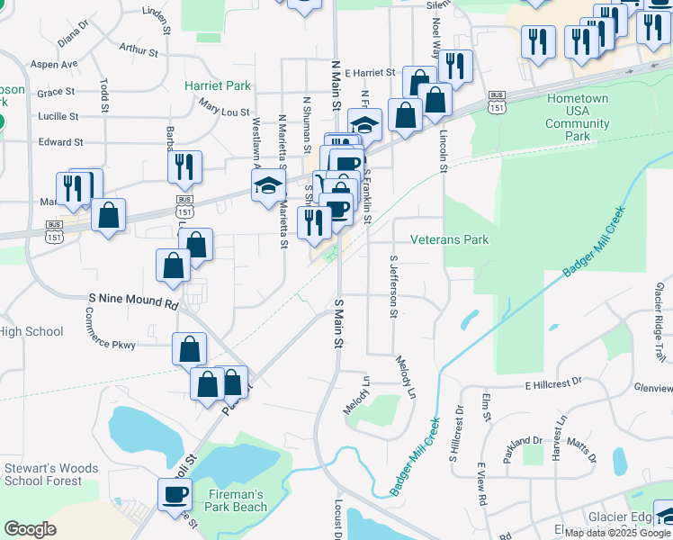 map of restaurants, bars, coffee shops, grocery stores, and more near 320 County Highway M in Verona
