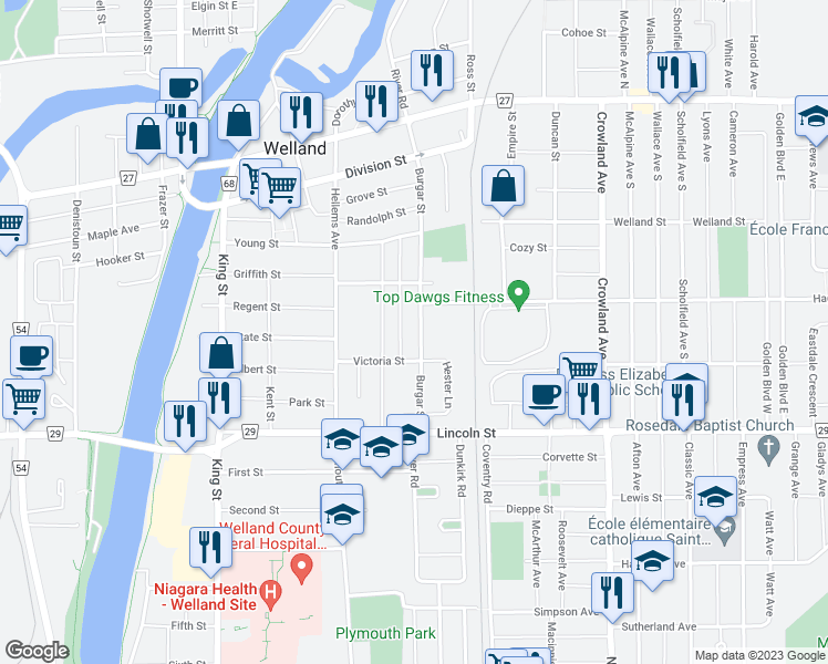 map of restaurants, bars, coffee shops, grocery stores, and more near 215 Burgar Street in Welland