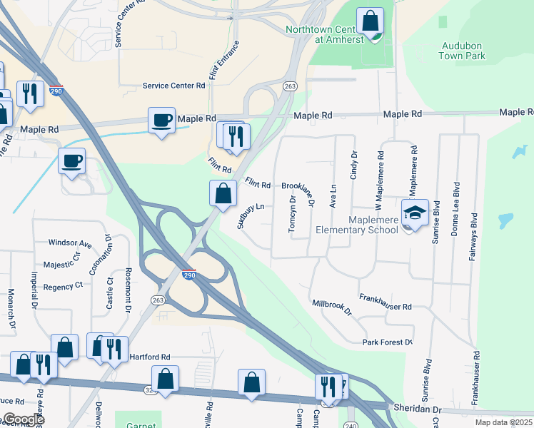 map of restaurants, bars, coffee shops, grocery stores, and more near 572 Frankhauser Road in Buffalo