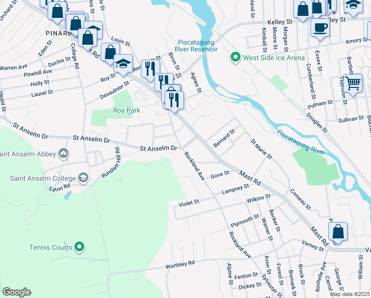 map of restaurants, bars, coffee shops, grocery stores, and more near 62 College Avenue in Manchester