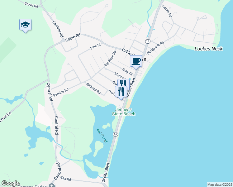 map of restaurants, bars, coffee shops, grocery stores, and more near 13 Perkins Road in Rye